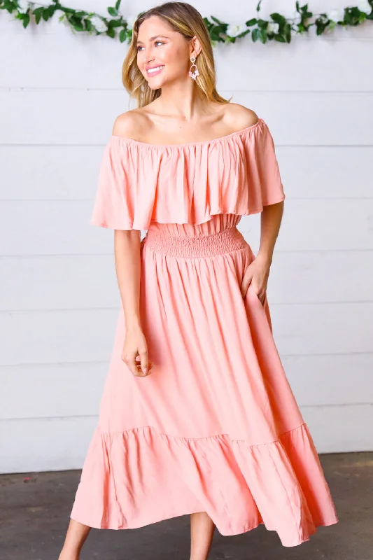 Backless Midi Dresses -Coral off Shoulder Smocked Waist Ruffle Sleeve Midi Dress