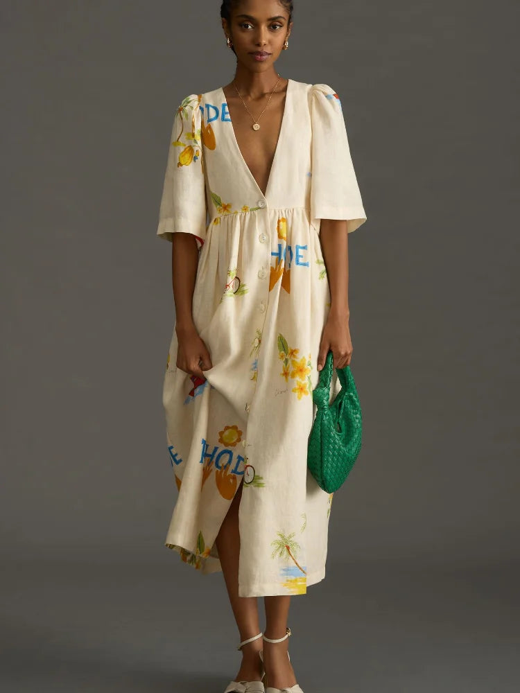 Romantic Midi Dresses -Danica - Flattering printed linen midi dress