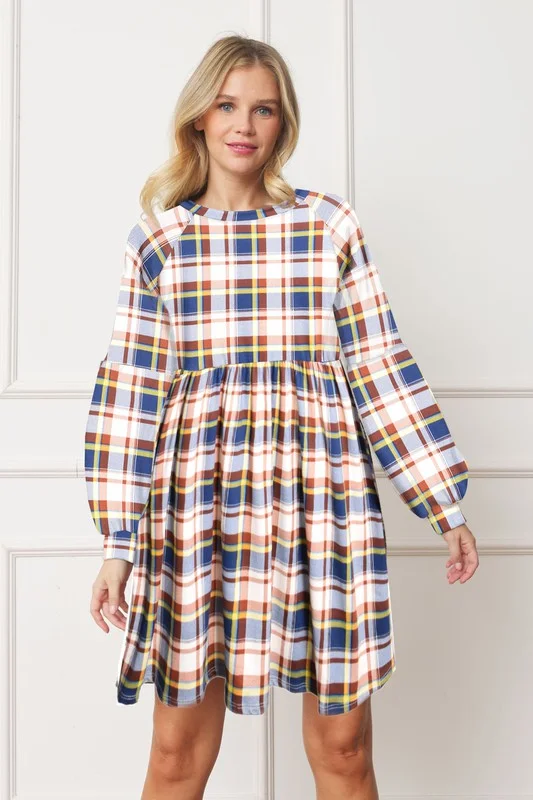 Designer Green Midi Dresses -Long Puff Sleeve Plaid Contrast Midi Dress