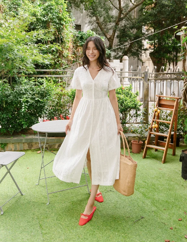 Affordable Orange Midi Dresses -Dionne Eyelet Midi Dress in White