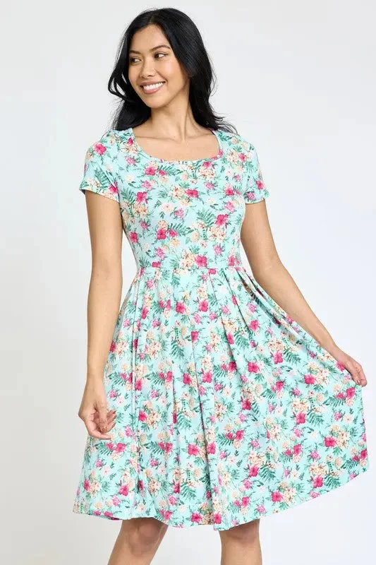 V-Neck Office Midi Dresses -Floral Short Sleeve Pleated Midi Dress