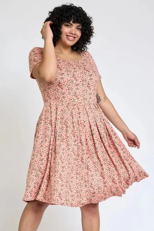 Shirt Prom Midi Dresses -Plus Floral Short Sleeve Pleated Midi Dress