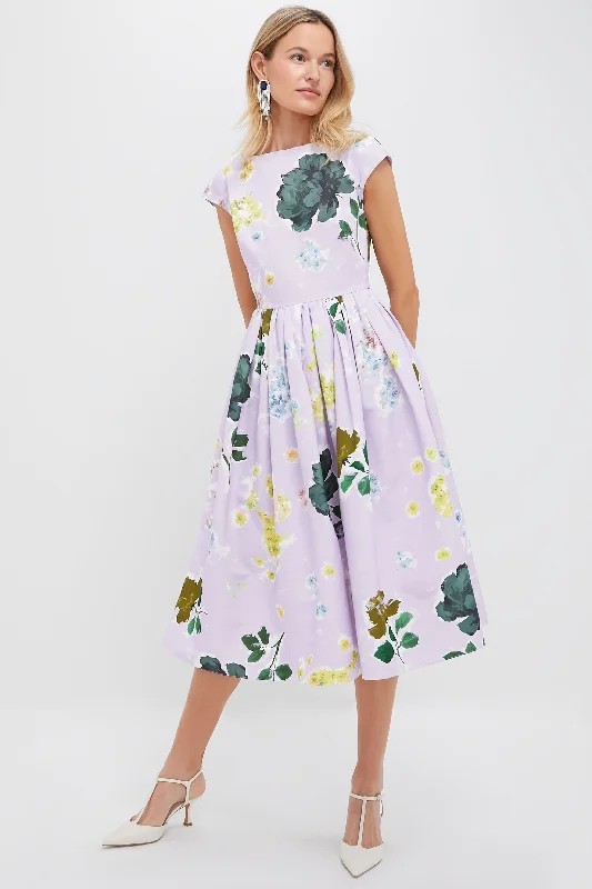 Velvet Midi Dresses -Margot Floral Lilac Boat Neck Full Skirt Midi Dress