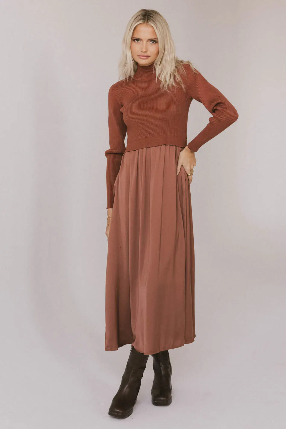 Wedding Satin Midi Dresses -Zeda Midi Dress in Rust