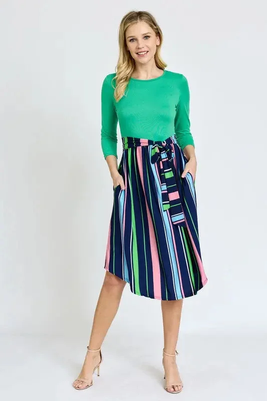 Petite Midi Dresses -Quarter Sleeve Multi Stripe Sash Midi Dress