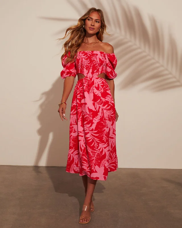 Luxury Midi Dresses -Kalena Tropical Print Cutout Smocked Midi Dress