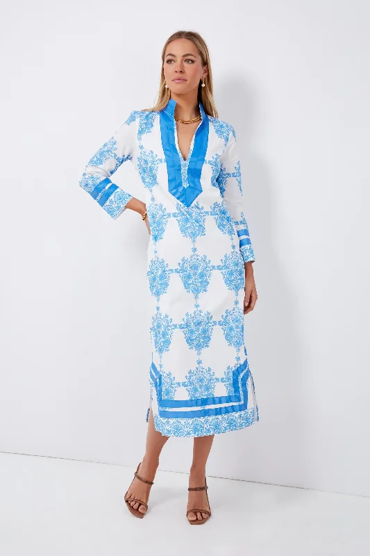 Silver Silk Summer Midi Dresses -Painted Block Print Classic Tunic Midi Dress