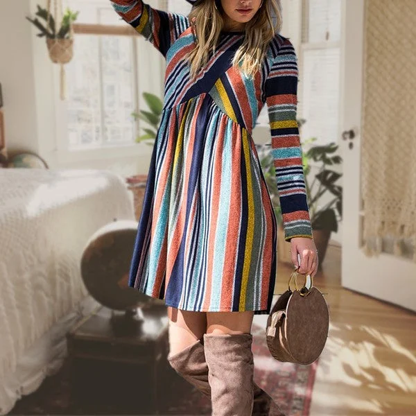 Purple V-Neck Midi Dresses -Multi Color Cross Stripe Midi Dress