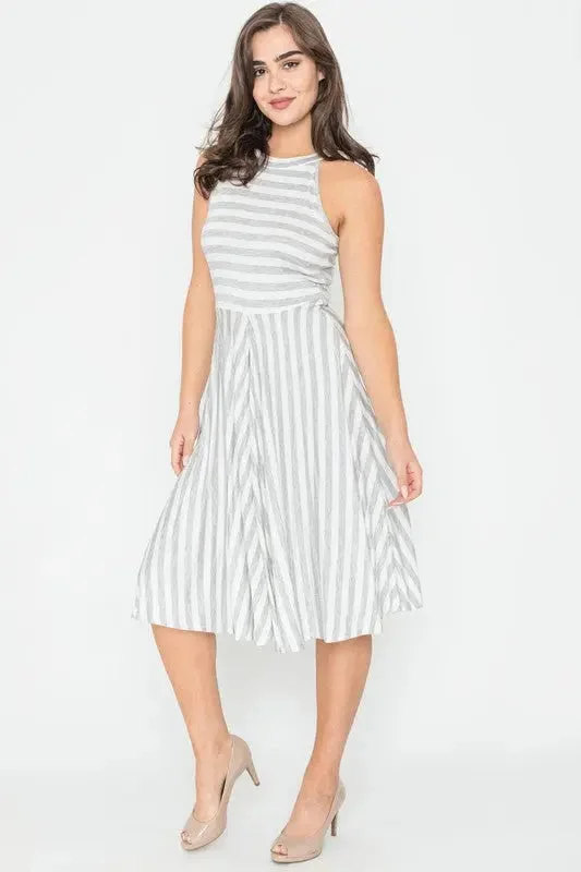 Sleeveless Midi Dresses -Stripe Halter Neck Midi Swing Dress