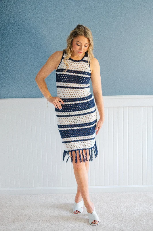 High-End Gold Midi Dresses -Navy and Cream Striped Crochet Midi Dress