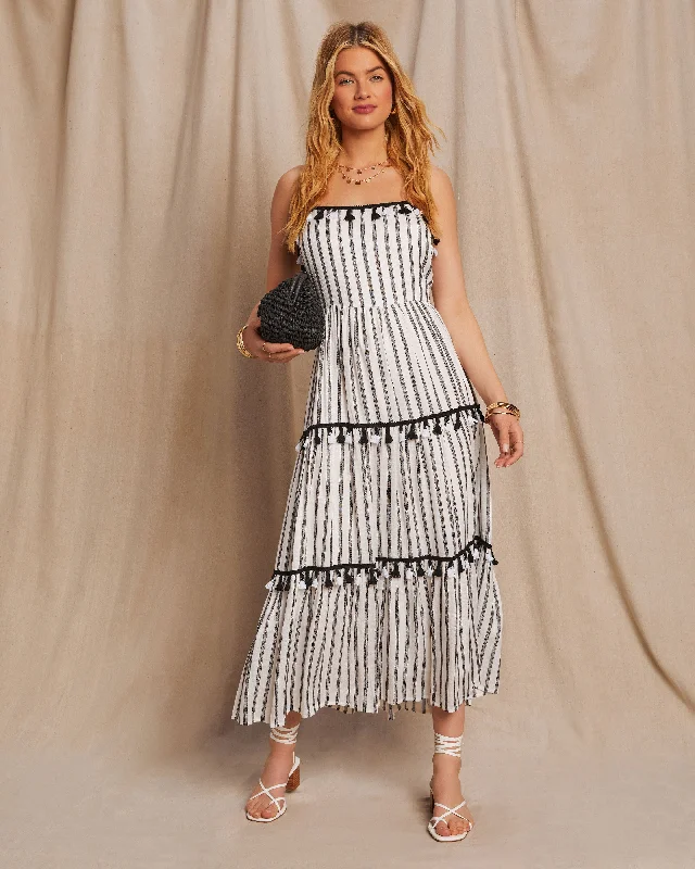 Pleated Party Midi Dresses -Paislee Tassel Striped Tiered Midi Dress