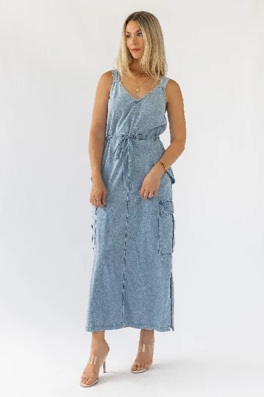 Women’s Striped Midi Dresses -Huxley Blue Denim Midi Dress - Final Sale