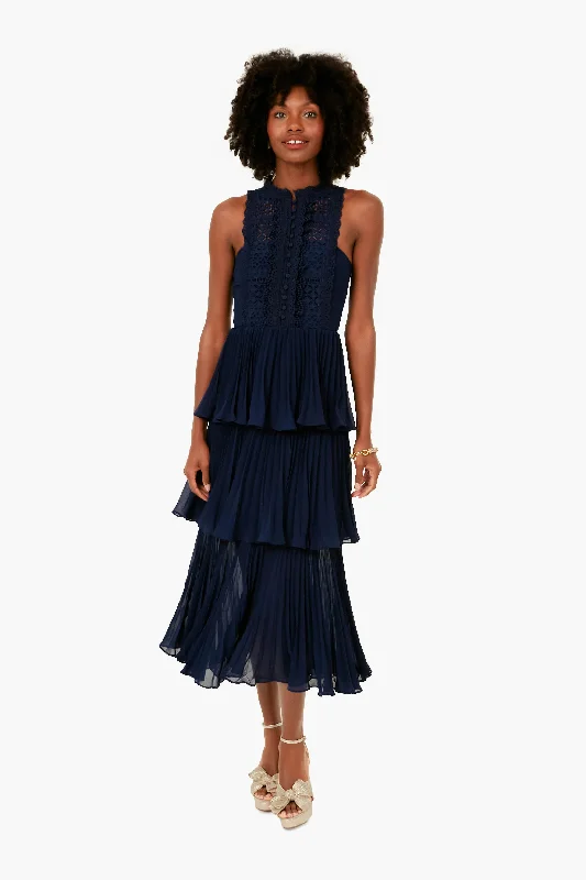 Bold Midi Dresses -Navy Cotton Broderie Tiered Midi Dress