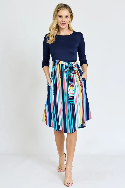 Silver Midi Dresses -Quarter Sleeve Multi Stripe Sash Midi Dress