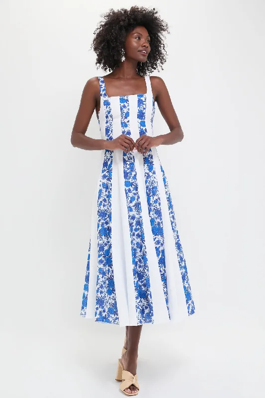 A-Line Midi Dresses -White and Blue Floral Linen Midi Dress