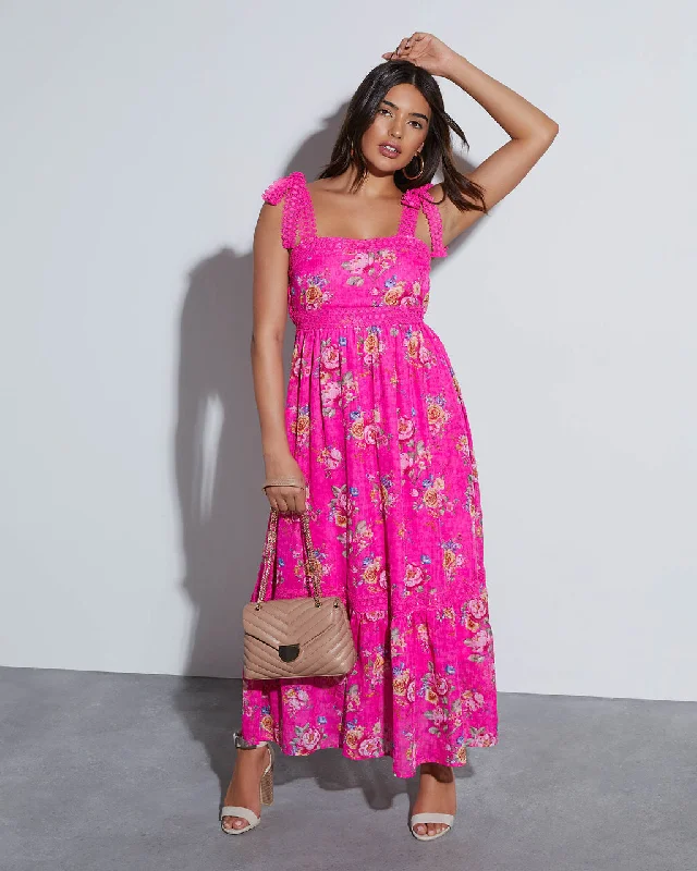 Pleated Party Midi Dresses -Mirabelle Tie Shoulder Floral Midi Dress