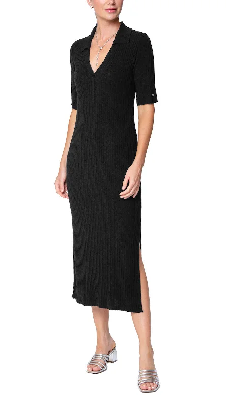 Sleeveless Midi Dresses -Gillian Rib Knit Midi Polo Dress; Black