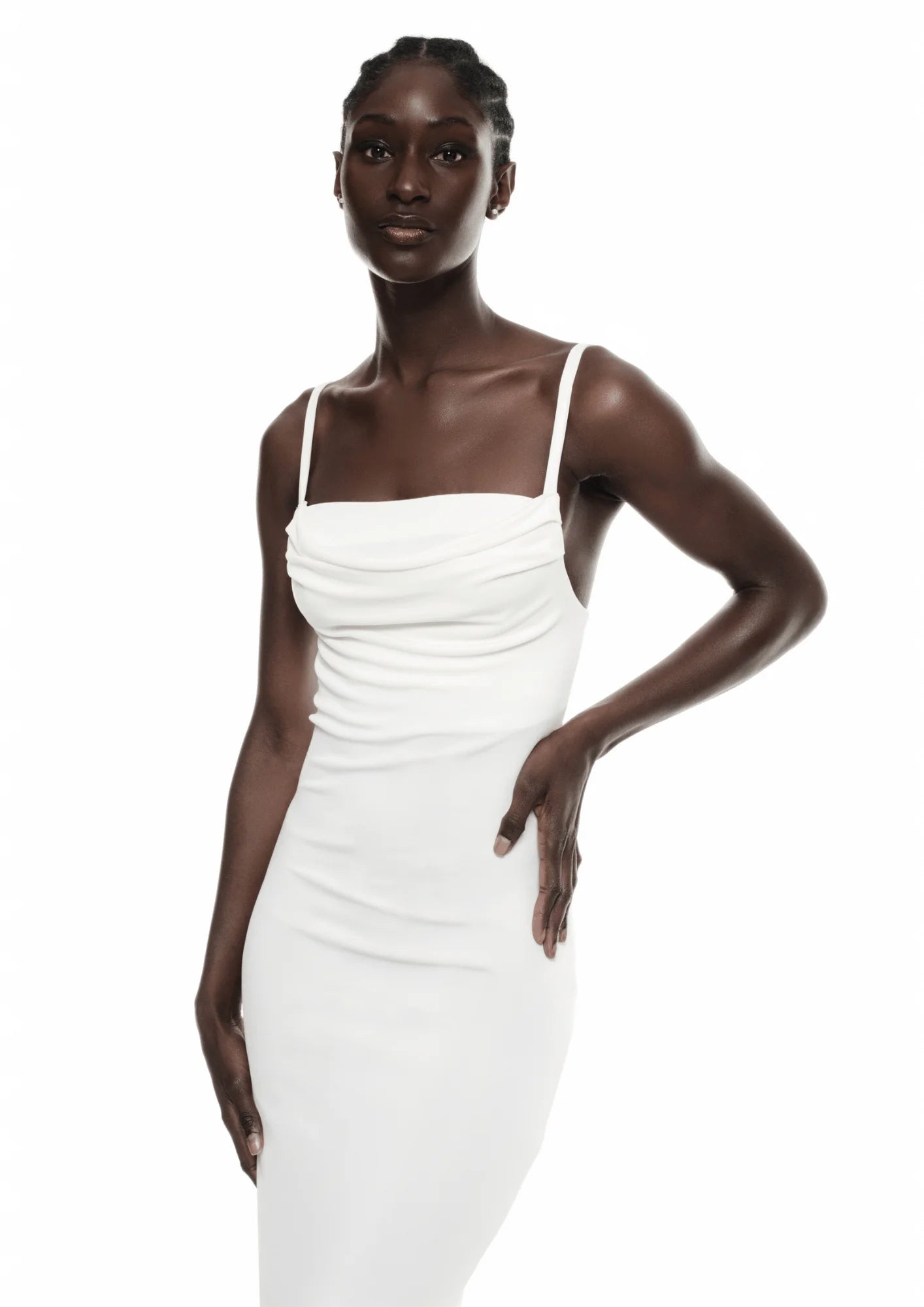 A-Line Party Midi Dresses -WHITE MIDI DRESS WITH DRAPING