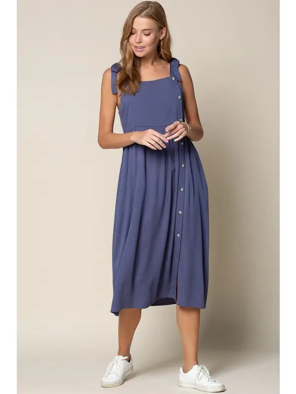 Plus Size Summer Midi Dresses -Tie Shoulder Side Button Down Midi Dress