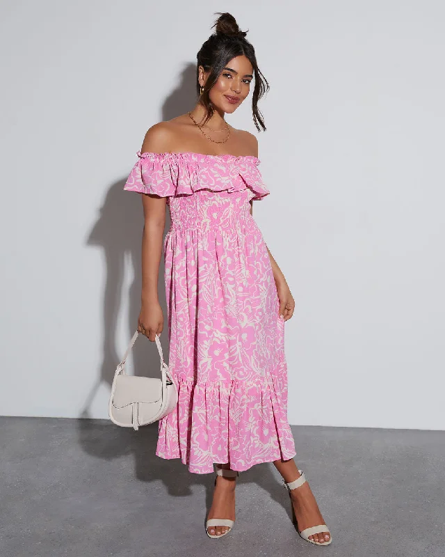 Backless Summer Midi Dresses -Levana Printed Off The Shoulder Midi Dress