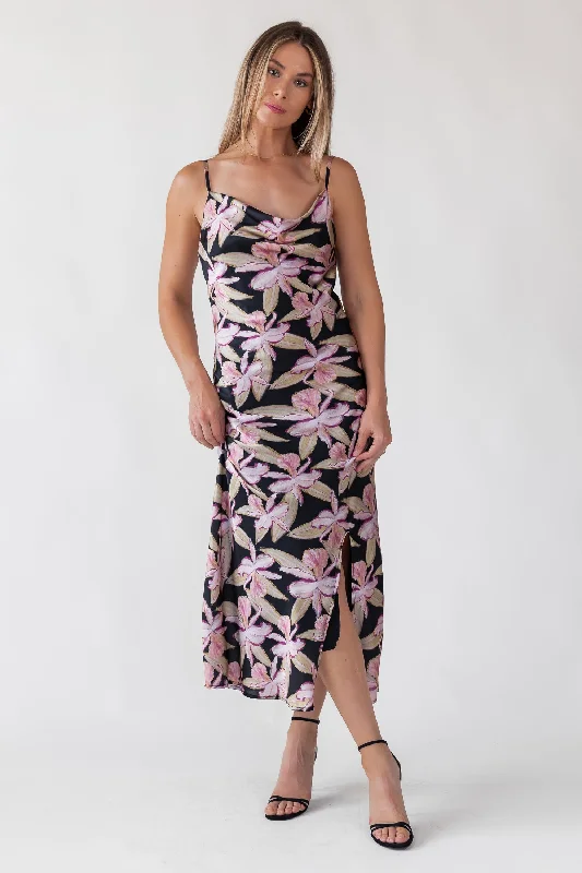 Petite Lavender Midi Dresses -Willah Black Floral Midi Dress - Final Sale