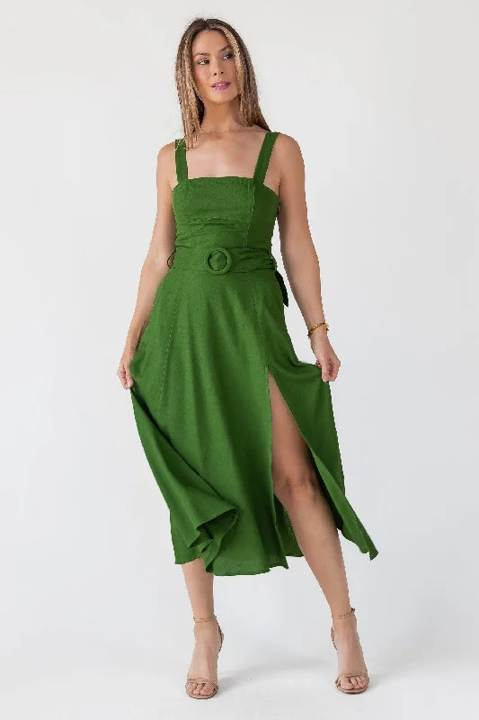 Glamorous Orange Midi Dresses -Green Linen Belted Midi Dress