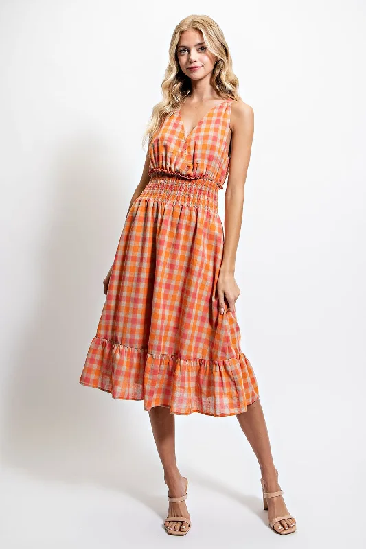 Plus Size Summer Midi Dresses -PLAID BACK NECK TIE MIDI DRESS