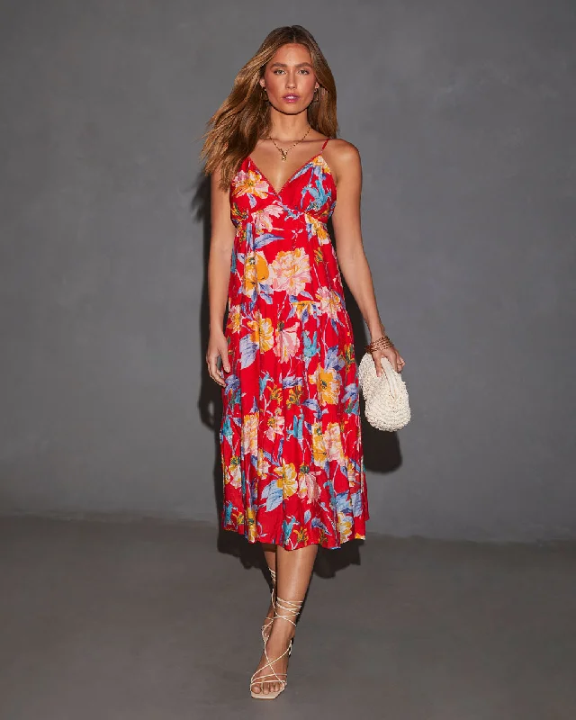 Silk Summer Midi Dresses -Cynthia Floral V-Neck Tiered Midi Dress