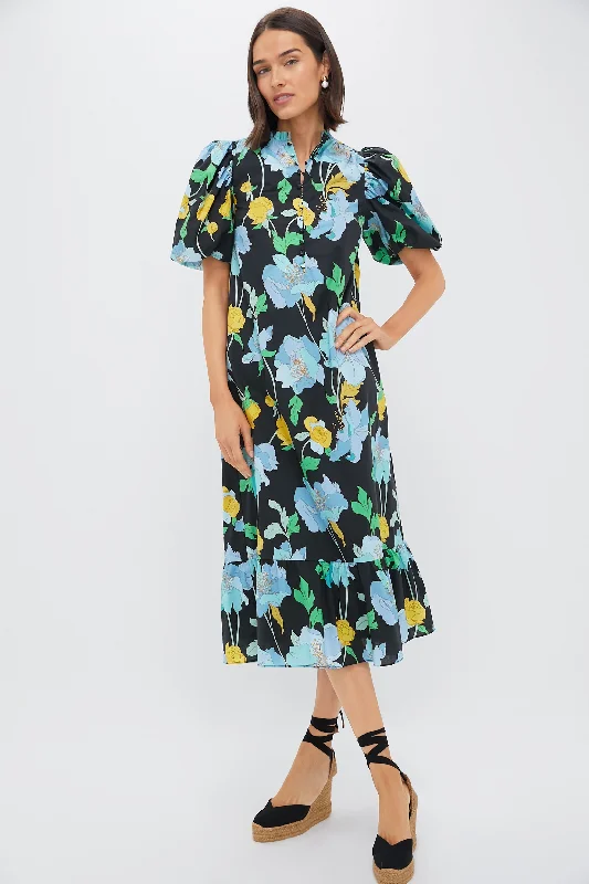 High-End Club Midi Dresses -Black & Airy Blue Floral Mimi Midi Dress