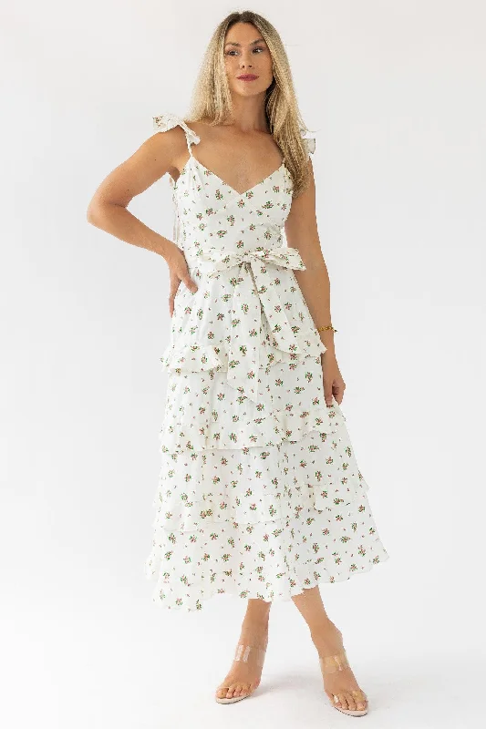 High-End Midi Dresses -Luciana Cream Floral Midi Dress