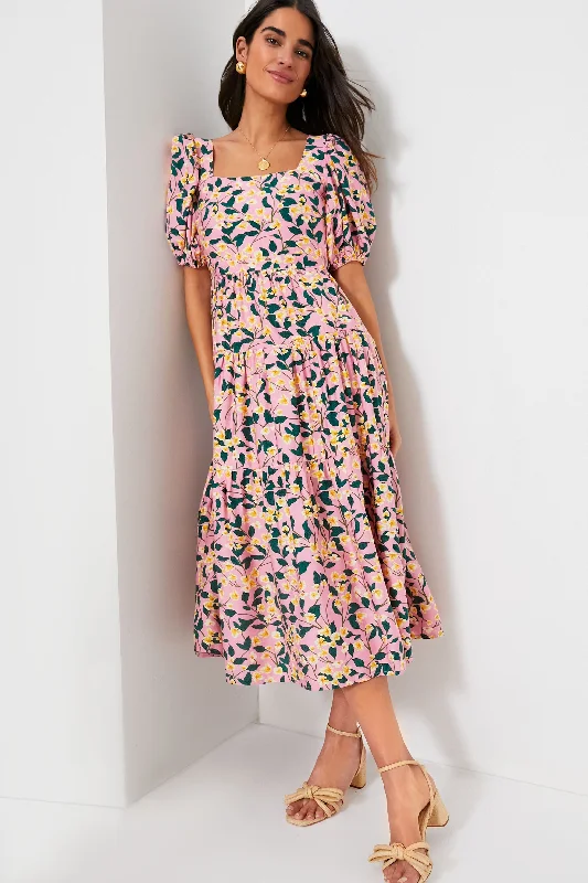 Blue Boho Midi Dresses -Exclusive Pink Multi Floral Print Midi Dress