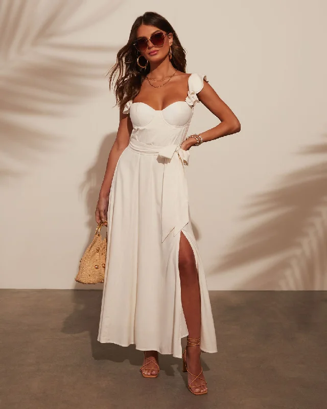 Spring White Midi Dresses -Perfect Date Cotton Tie Waist Midi Dress