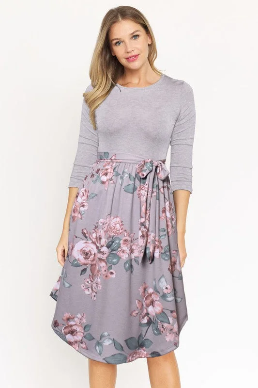 Grey Teen Midi Dresses -Quarter Sleeve Sash Midi Dress