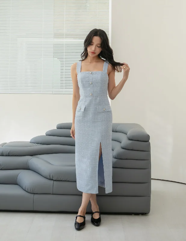 V-Neck Midi Dresses -Calista Tweed Midi Dress in Blue