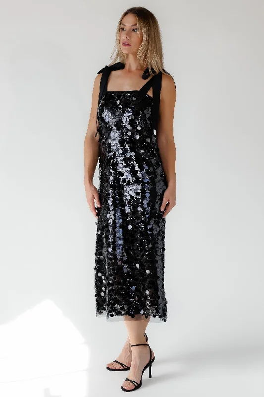 Chic Midi Dresses -Della Black Sequin Embellish Midi Dress - Final Sale