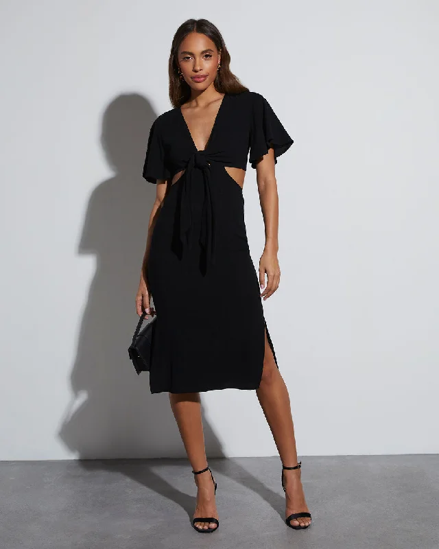 Luxury Office Midi Dresses -Jenner Linen Blend Tie Front Cutout Midi Dress