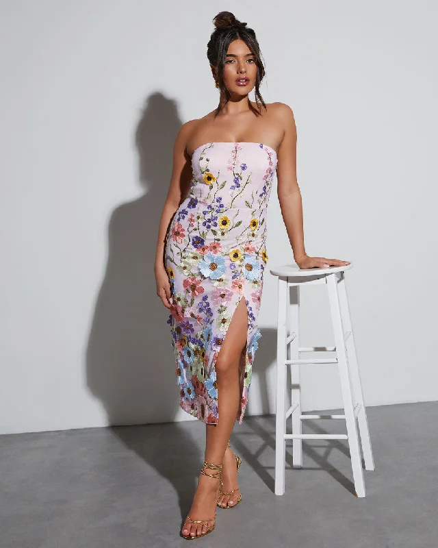 White Cotton Midi Dresses -Cassie Strapless Floral Embroidered Midi Dress