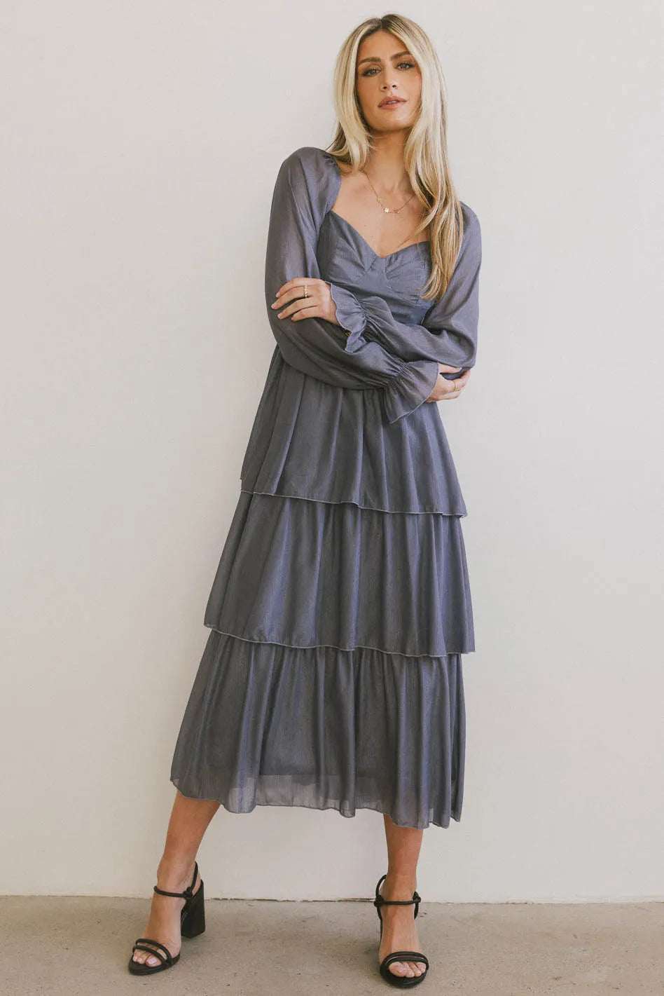 Chic Cocktail Midi Dresses -Manning Shimmery Midi Dress in Slate