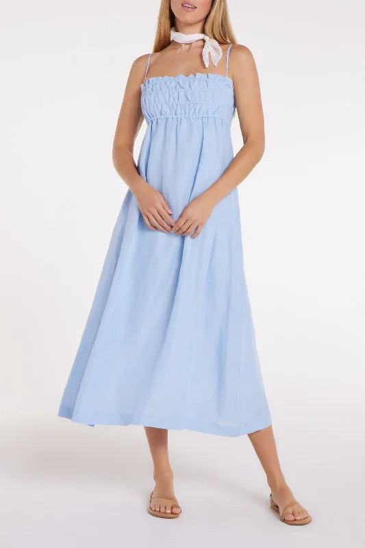 Silver Midi Dresses -Margot Smocked Spaghetti Strap Midi Dress in Chambray Blue