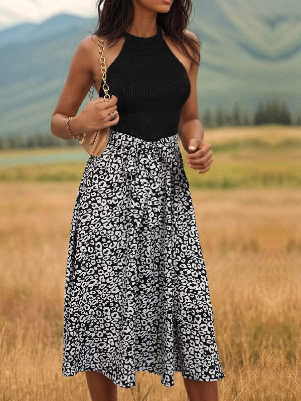 Party One Shoulder Midi Dresses -Leopard Halter Neck Midi Dress