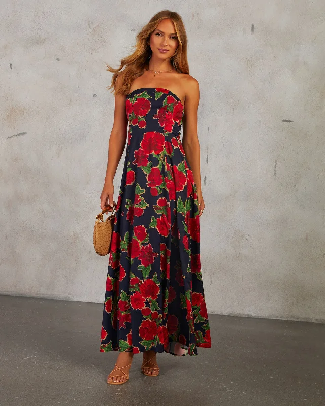 Elegant Black Midi Dresses -Getaway Garden Strapless Floral Print Midi Dress