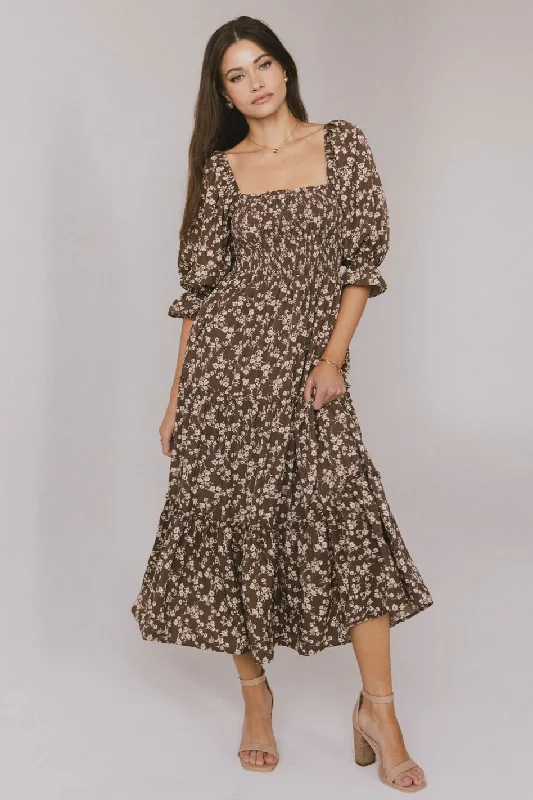 Vintage Blue Midi Dresses -Kiran Floral Midi Dress in Brown