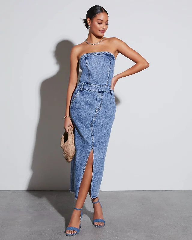 Boho Cotton Midi Dresses -Kimmy Strapless Denim Midi Dress