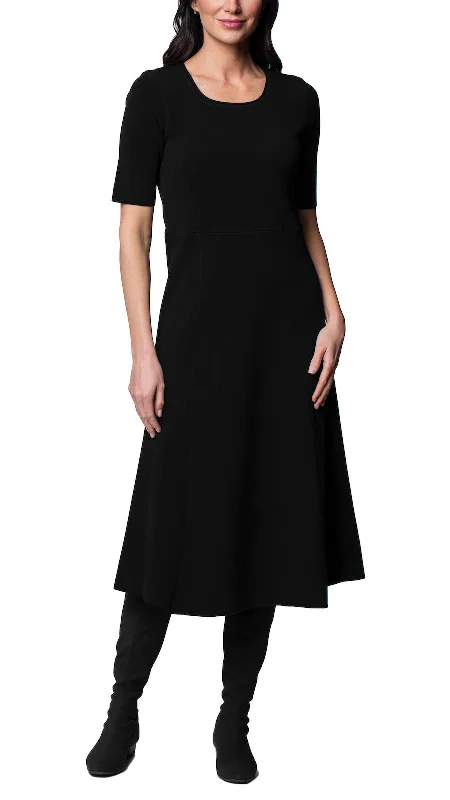 Elegant Midi Dresses -Nora Milano Knit Short Sleeved Fit-And-Flare Midi Dress; Black