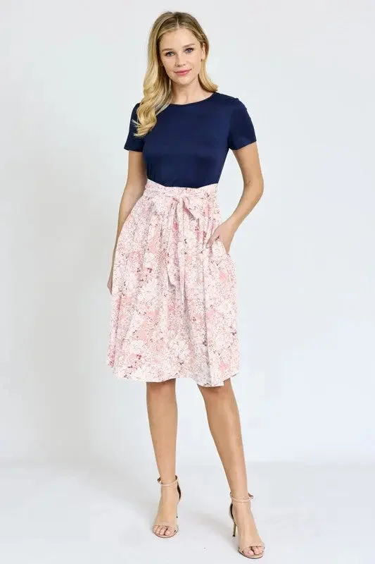 Knit Winter Midi Dresses -Short Sleeve Floral Sash Midi Dress