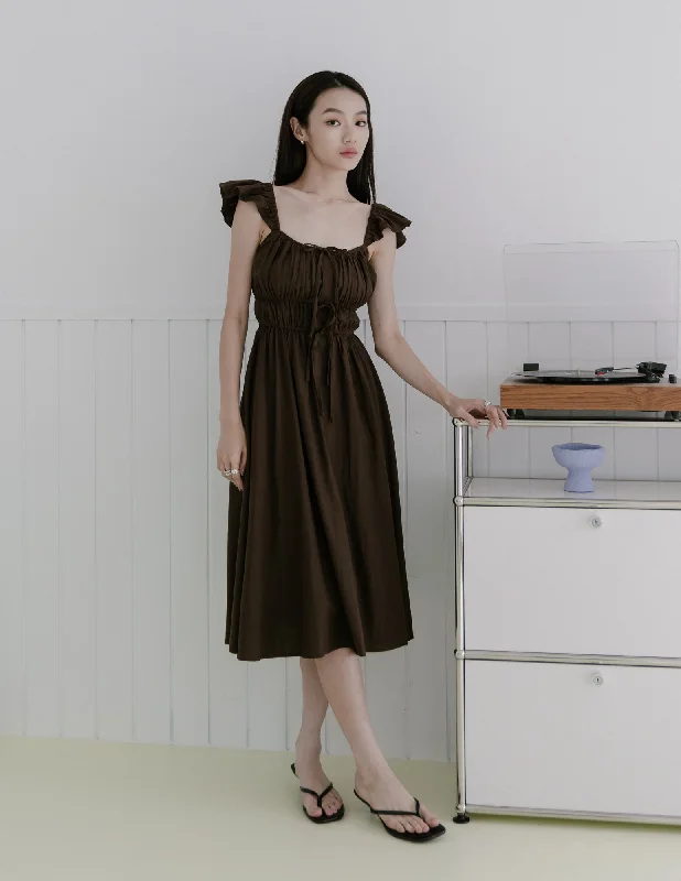 Lavender Midi Dresses -Sylvie Tie Front Linen Midi Dress in Coffee