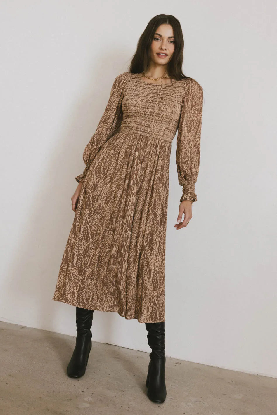 Fringe Office Midi Dresses -Justice Abstract Midi Dress in Brown