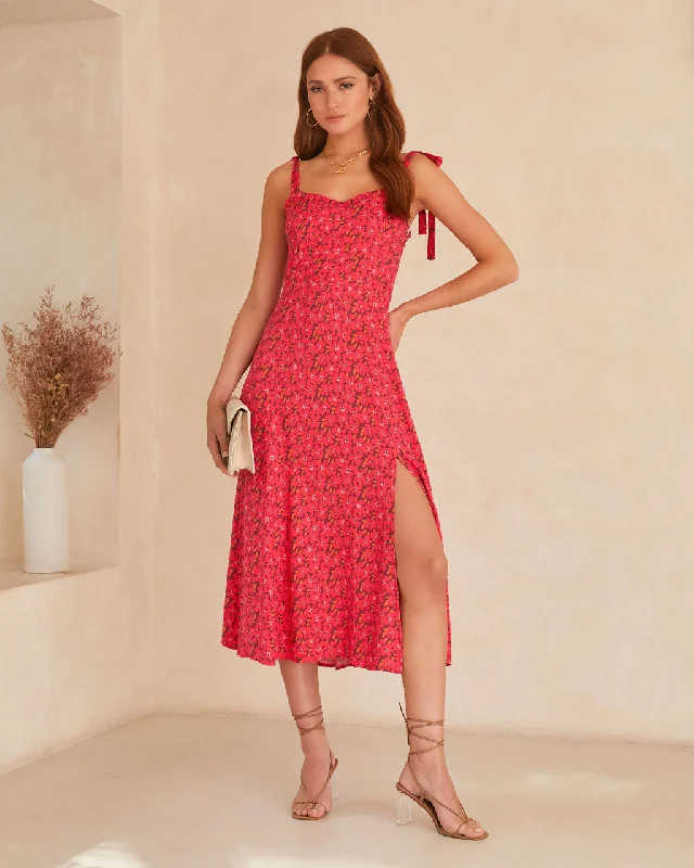 Pink Chic Midi Dresses -Riko Floral Shoulder Tie Midi Dress