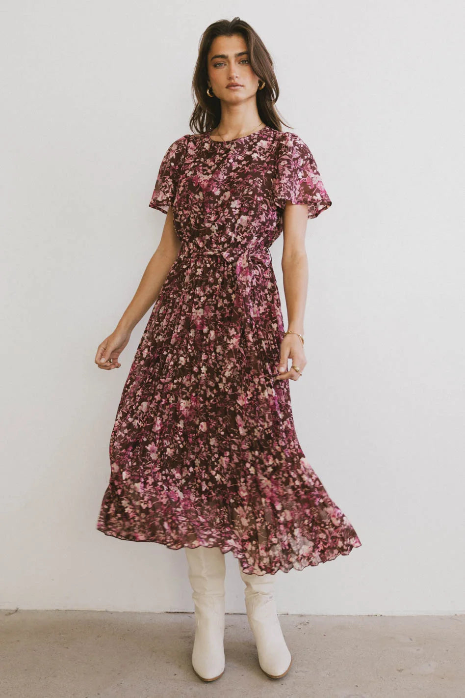 Knit Winter Midi Dresses -Mary Anne Floral Midi Dress in Brown