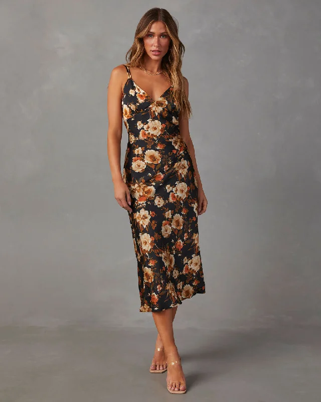 V-Neck Navy Midi Dresses -Sweet Sunflower Satin Floral Midi Dress